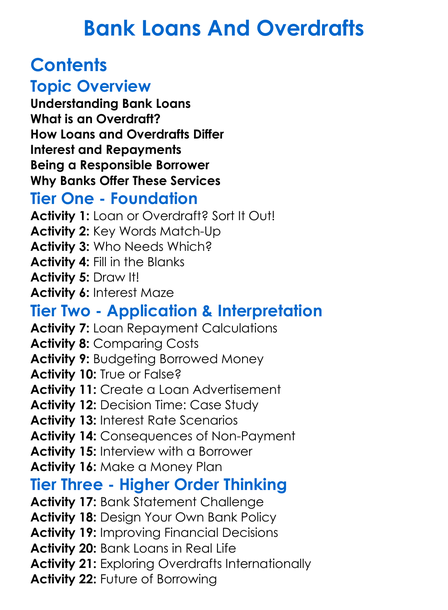 Bank Loans And Overdrafts Worksheet Activity Booklet