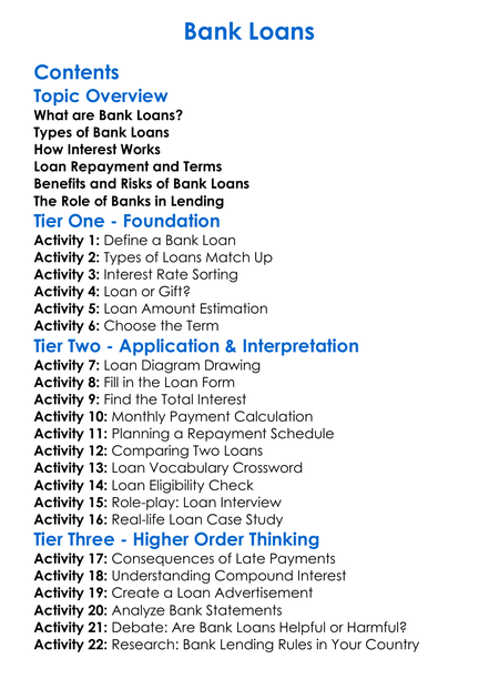 Bank Loans Worksheet Activity Booklet