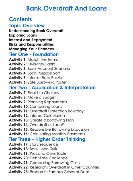 Bank Overdraft And Loans Worksheet Activity Booklet