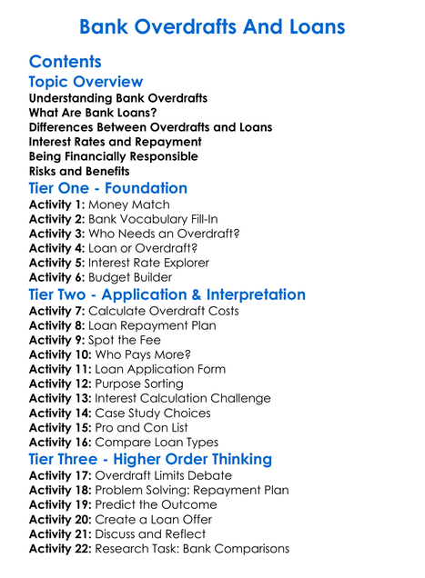 Bank Overdrafts And Loans Worksheet Activity Booklet