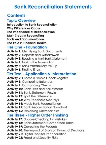 Bank Reconciliation Statements Worksheet Activity Booklet