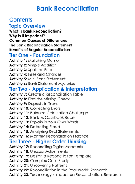 Bank Reconciliation Worksheet Activity Booklet