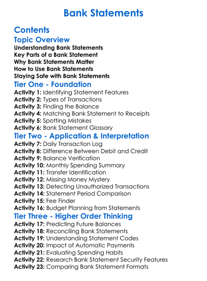 Bank Statements Worksheet Activity Booklet