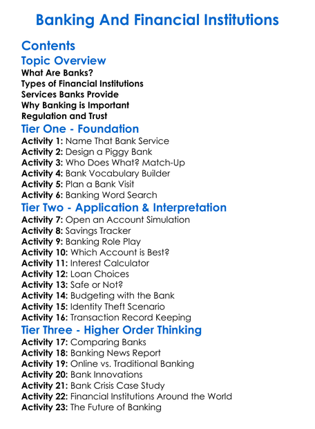 Banking And Financial Institutions Worksheet Activity Booklet
