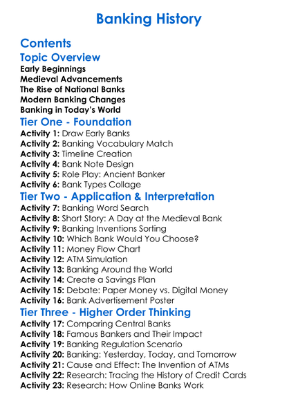 Banking History Worksheet Activity Booklet