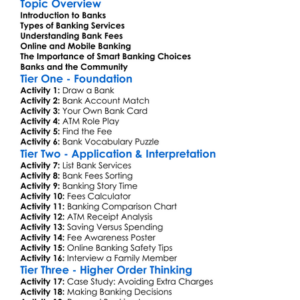 Banking Services And Fees Worksheet Activity Booklet