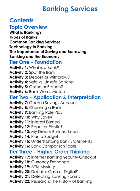 Banking Services Worksheet Activity Booklet