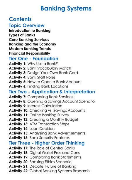 Banking Systems Worksheet Activity Booklet