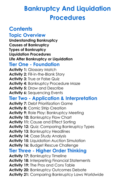 Bankruptcy And Liquidation Procedures Worksheet Activity Booklet