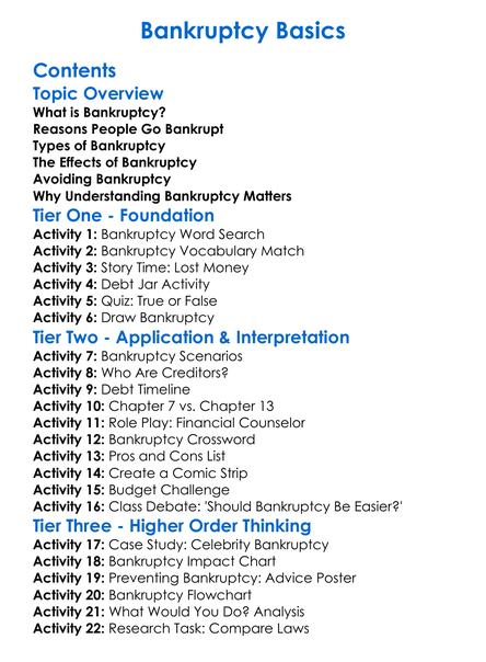 Bankruptcy Basics Worksheet Activity Booklet