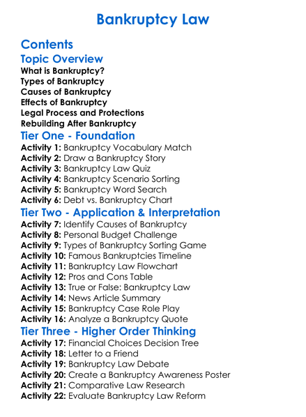 Bankruptcy Law Worksheet Activity Booklet