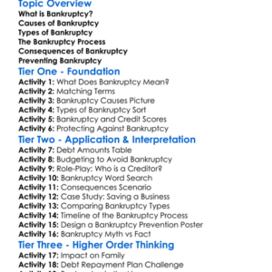 Bankruptcy Worksheet Activity Booklet