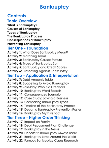 Bankruptcy Worksheet Activity Booklet