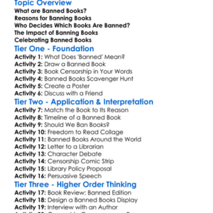 Banned Books Worksheet Activity Booklet