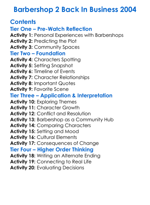 Barbershop 2 Back In Business 2004 Worksheet Activity Booklet