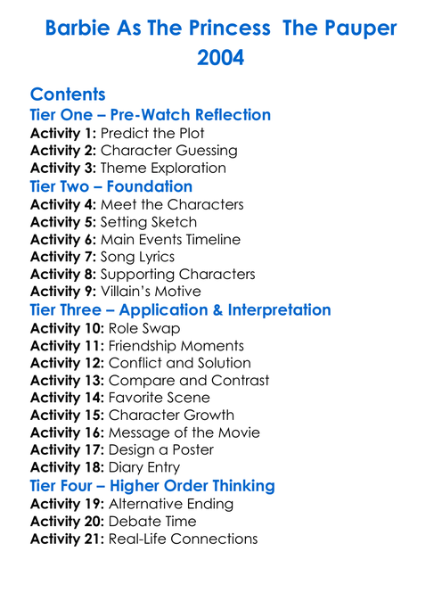 Barbie As The Princess The Pauper 2004 Worksheet Activity Booklet