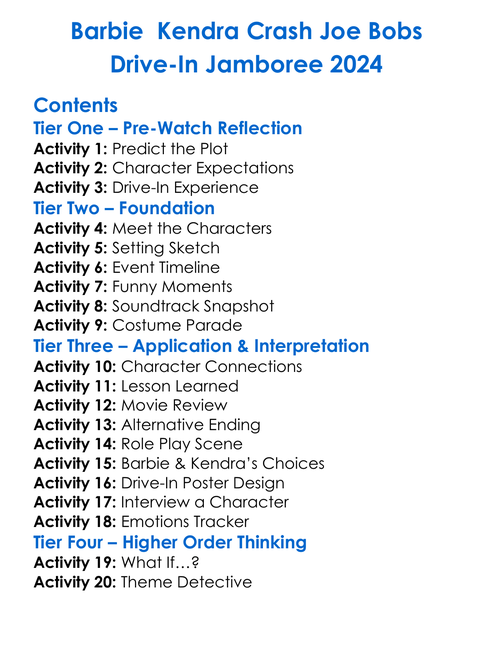 Barbie Kendra Crash Joe Bobs Drive-In Jamboree 2024 Worksheet Activity Booklet