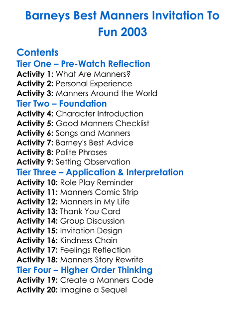 Barneys Best Manners Invitation To Fun 2003 Worksheet Activity Booklet