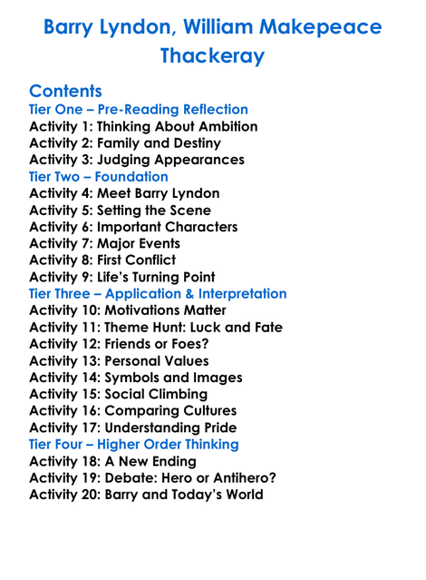 Barry Lyndon William Makepeace Thackeray Worksheet Activity Booklet