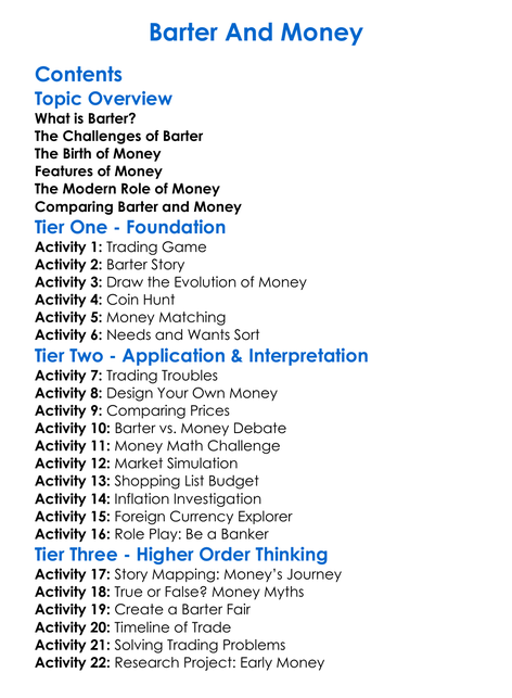 Barter And Money Worksheet Activity Booklet