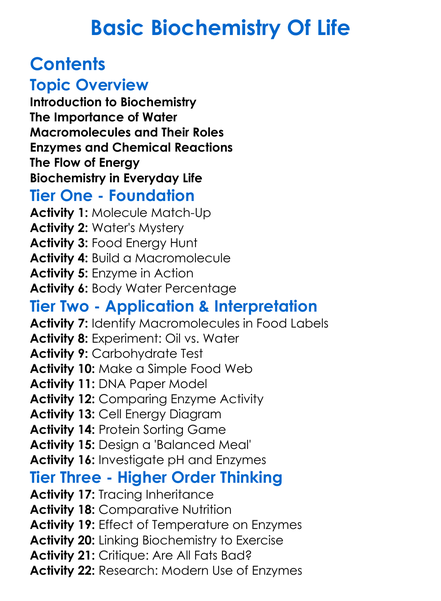 Basic Biochemistry Of Life Worksheet Activity Booklet