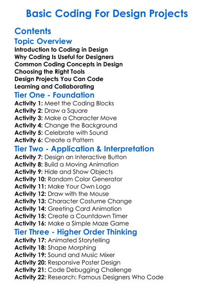 Basic Coding For Design Projects Worksheet Activity Booklet