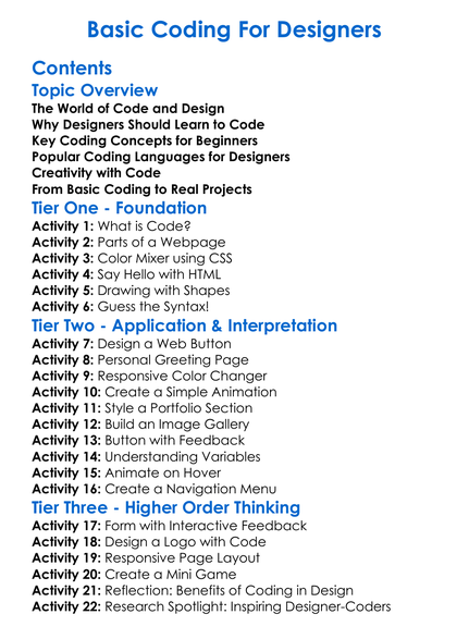 Basic Coding For Designers Worksheet Activity Booklet