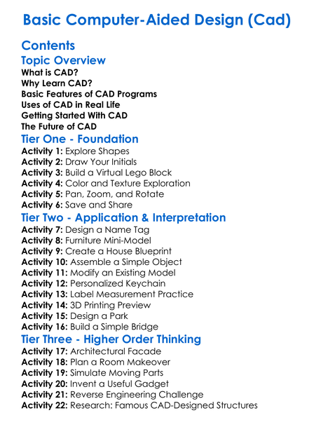 Basic Computer-Aided Design Cad Worksheet Activity Booklet