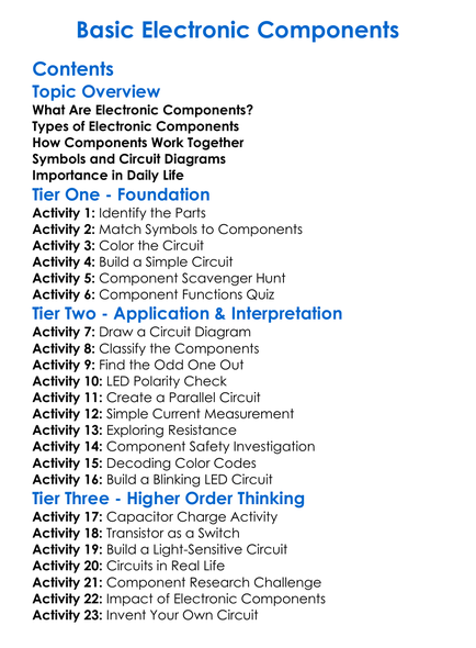 Basic Electronic Components Worksheet Activity Booklet