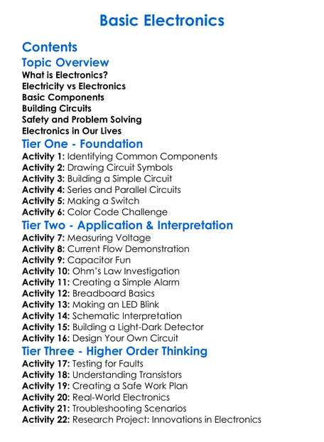 Basic Electronics Worksheet Activity Booklet
