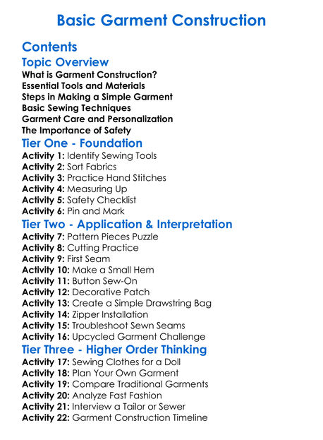 Basic Garment Construction Worksheet Activity Booklet