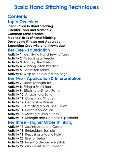 Basic Hand Stitching Techniques Worksheet Activity Booklet