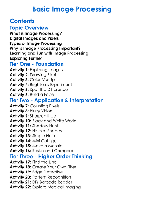 Basic Image Processing Worksheet Activity Booklet