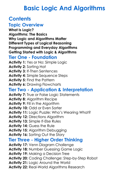 Basic Logic And Algorithms Worksheet Activity Booklet