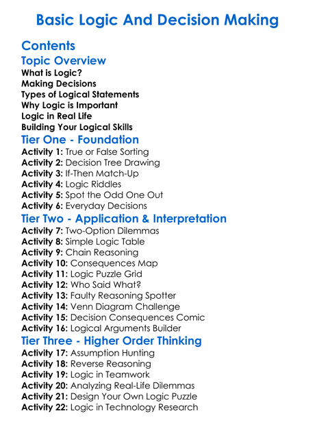 Basic Logic And Decision Making Worksheet Activity Booklet