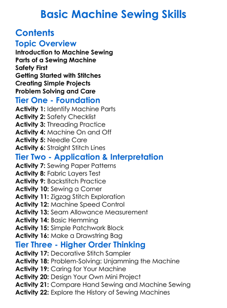 Basic Machine Sewing Skills Worksheet Activity Booklet