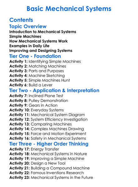 Basic Mechanical Systems Worksheet Activity Booklet