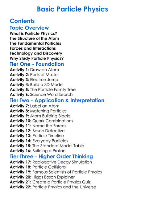 Basic Particle Physics Worksheet Activity Booklet