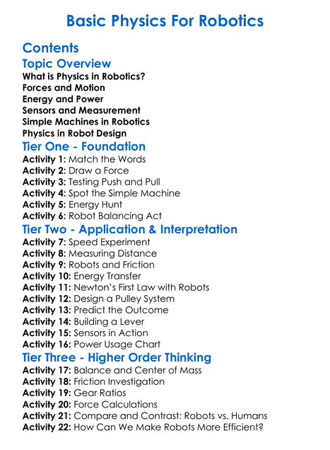 Basic Physics For Robotics Worksheet Activity Booklet