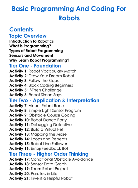 Basic Programming And Coding For Robots Worksheet Activity Booklet