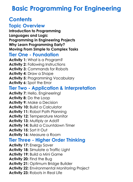 Basic Programming For Engineering Worksheet Activity Booklet