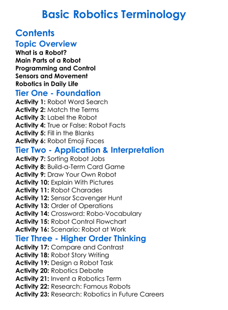 Basic Robotics Terminology Worksheet Activity Booklet