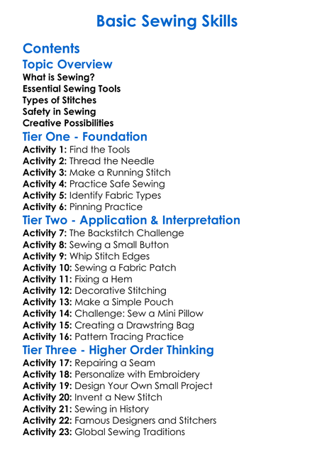 Basic Sewing Skills Worksheet Activity Booklet