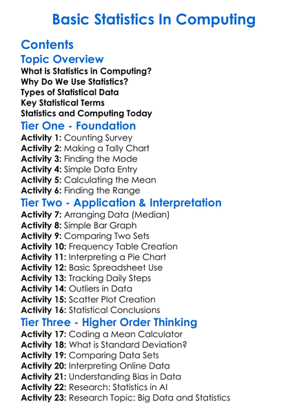 Basic Statistics In Computing Worksheet Activity Booklet