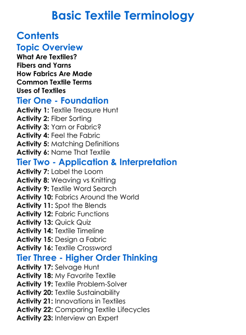 Basic Textile Terminology Worksheet Activity Booklet
