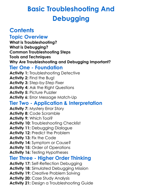 Basic Troubleshooting And Debugging Worksheet Activity Booklet