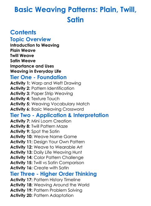 Basic Weaving Patterns Plain Twill Satin Worksheet Activity Booklet