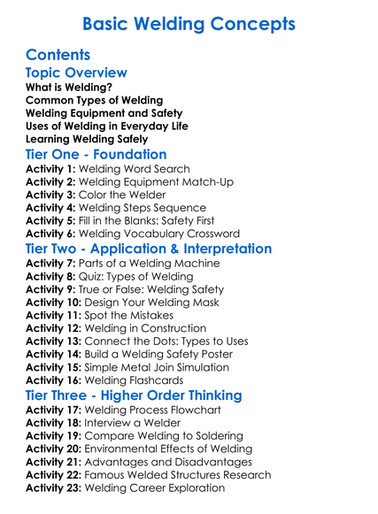 Basic Welding Concepts Worksheet Activity Booklet