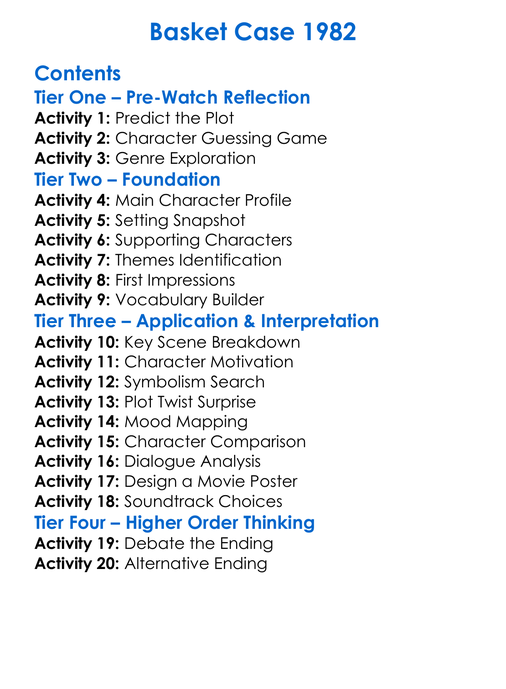 Basket Case 1982 Worksheet Activity Booklet