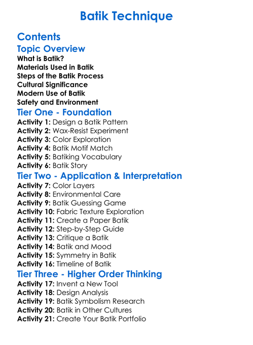 Batik Technique Worksheet Activity Booklet